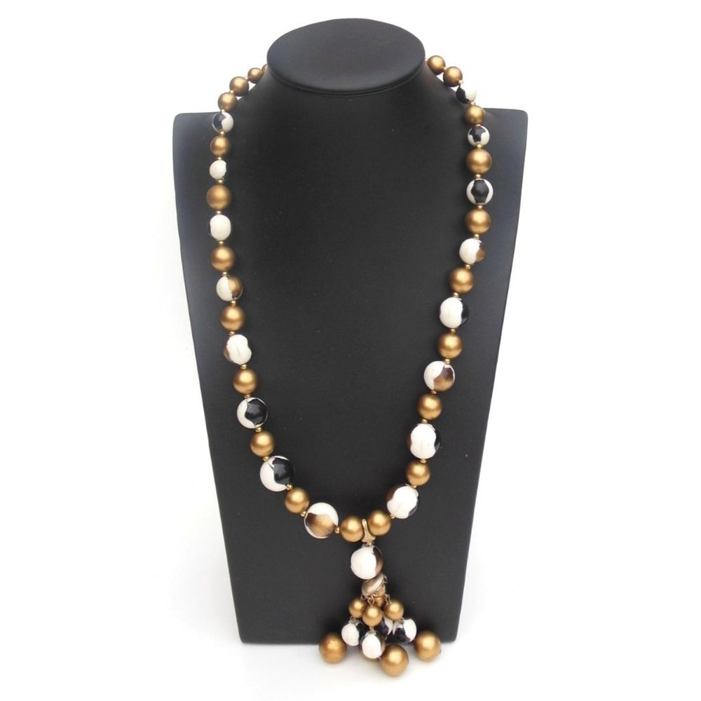 Vintage 1950's Chunky Graduated  Lucite Bead Tassel Necklace Gold Tone